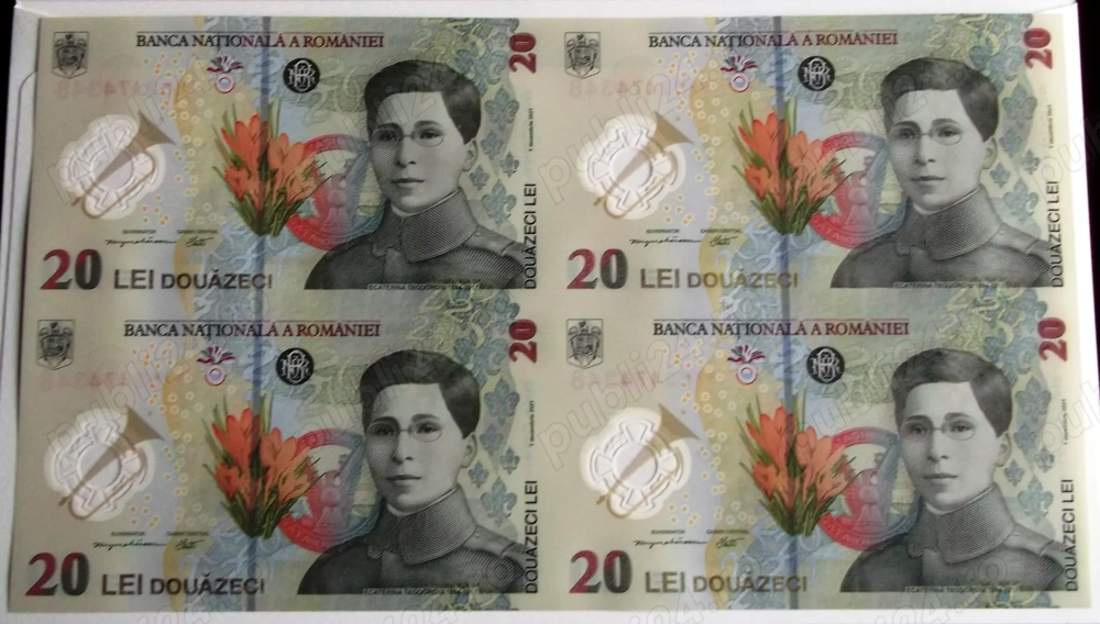 Romania coala 4 X 20 lei 2021 (2025) polimer cu certificat de autenticitate si plic BNR UNC