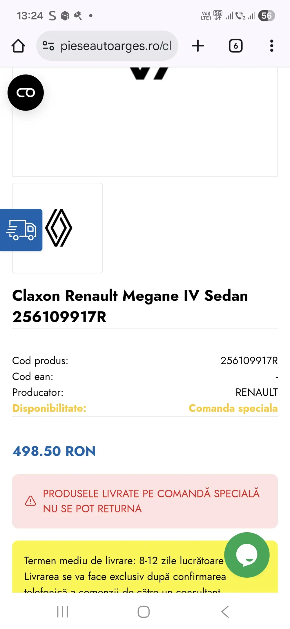 Vând Claxon Renault Megane IV cod piesa 256109917R