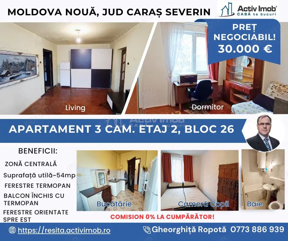 Apartament 3 cam. et. 2 in Moldova Nou #259;