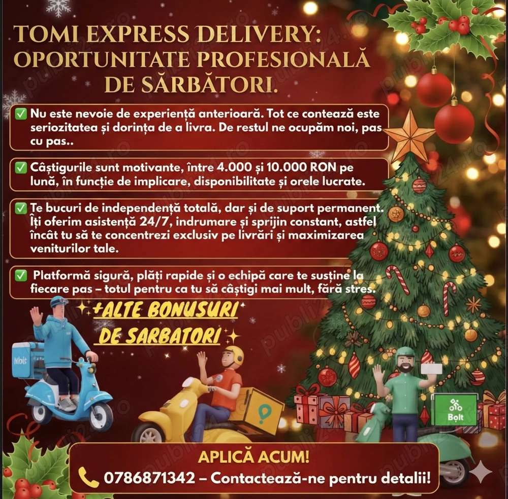 Angajăm Livratori Food Delivery - Venituri 4.000-10.000 RON + Bonusuri Sărbători