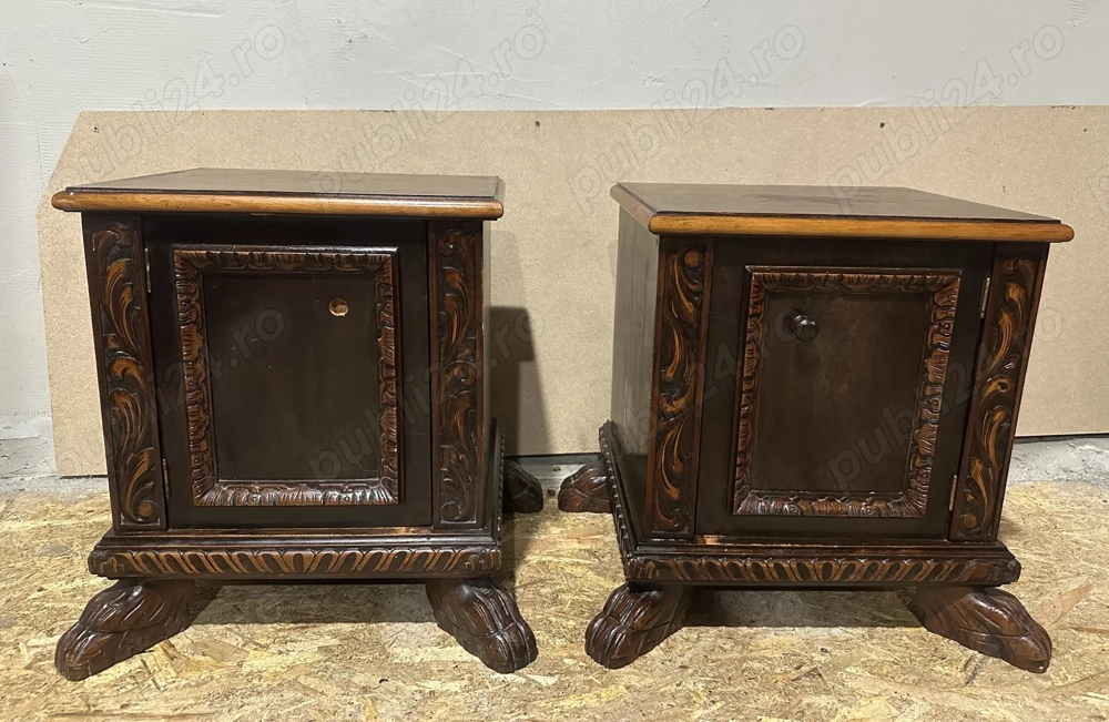 2 buc Noptiera Vintage din lemn Stil Neo Baroc cu elemente sculptate