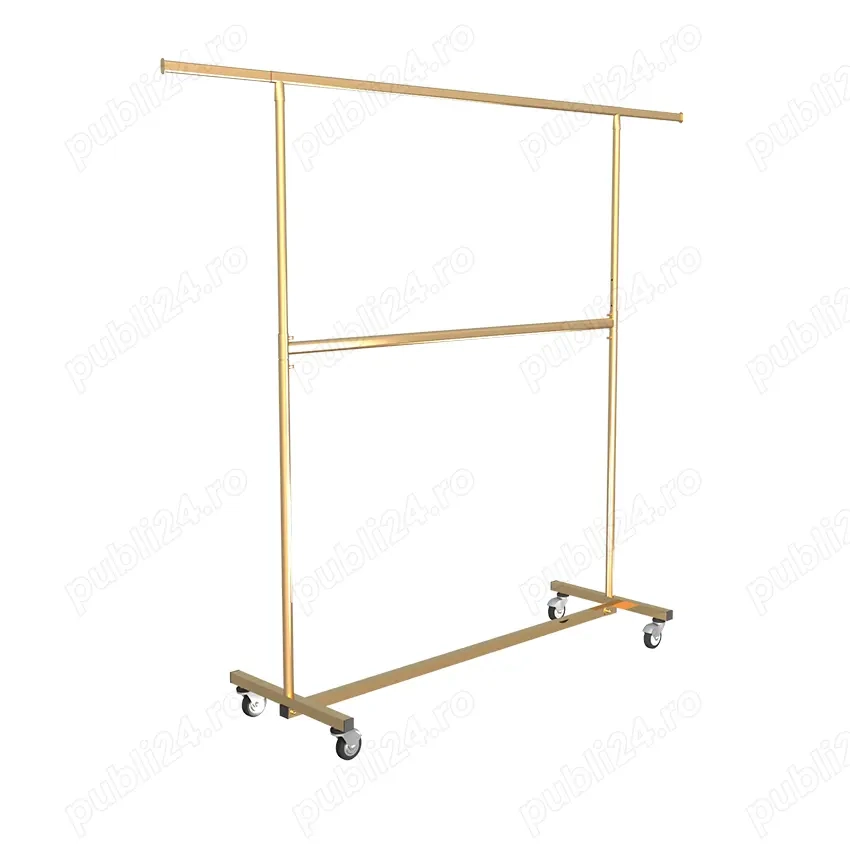 Stender metal, suport haine pliabil Auriu cu 2 bare, extensie, roti metalice