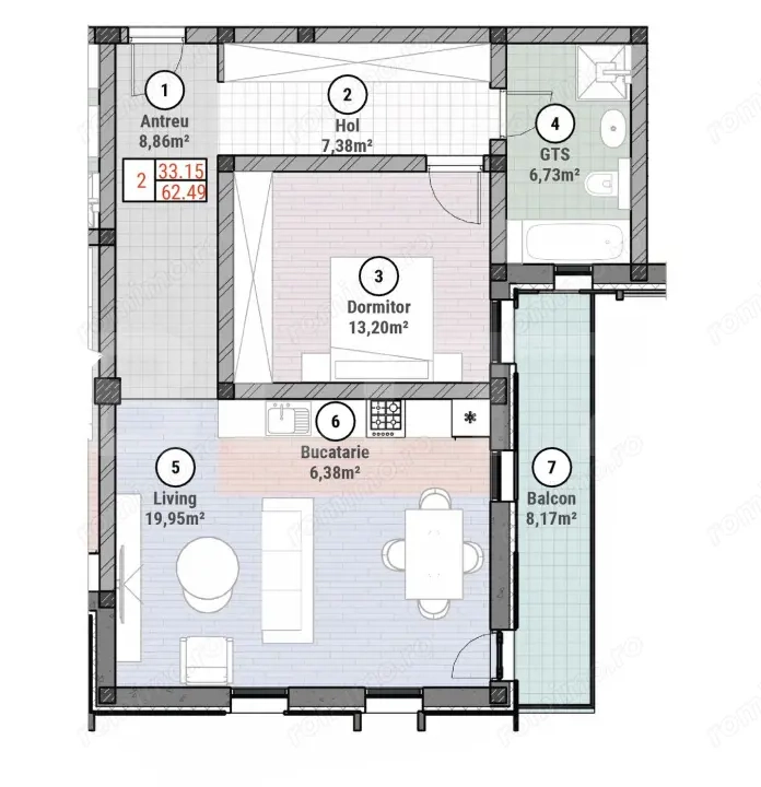 Apartament cu 2 camere 62 mp utili