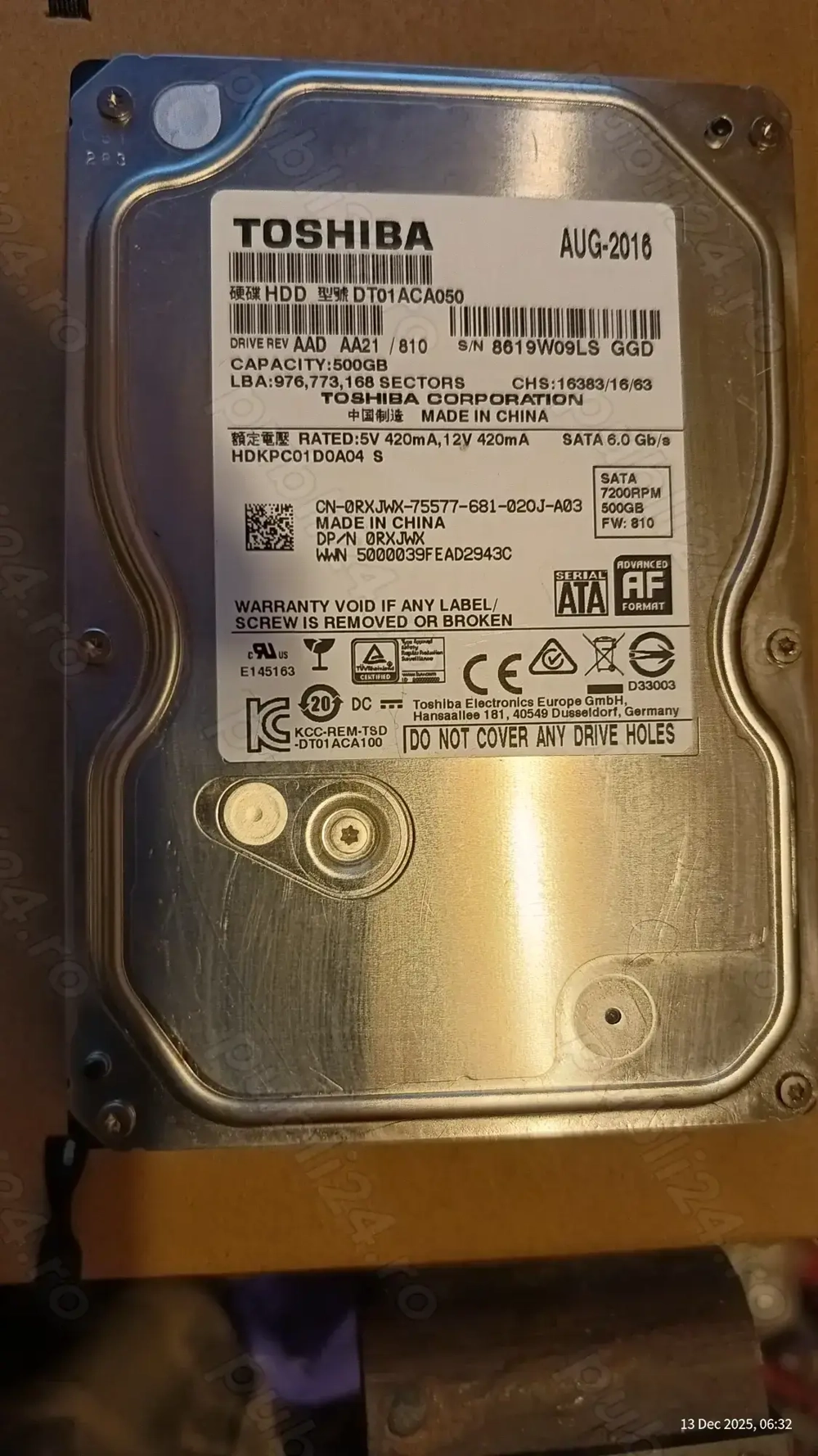 Vând hard disk Toshiba, 500GB, 3,5" SATA3 