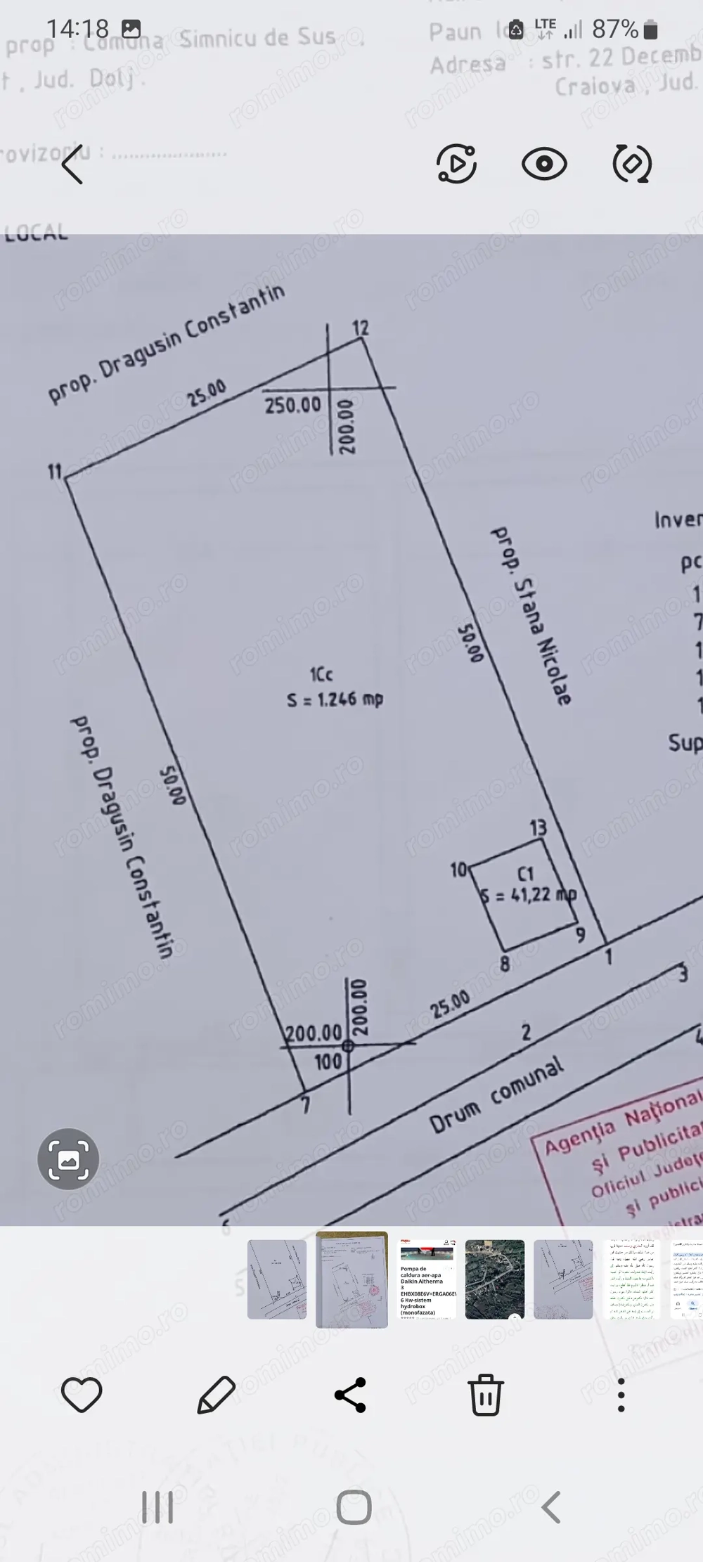 Teren Șimnic de sus Sat Cornetu 1250mp deschidere 25m intravilan 