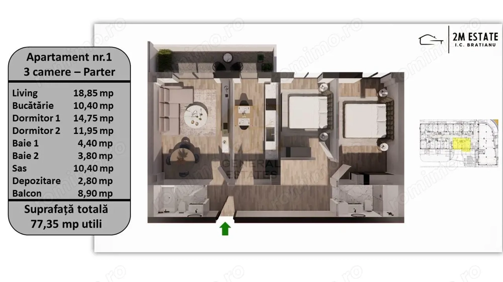 Apartament 3 camere, 75 mp utili + balcon, orientare Estica