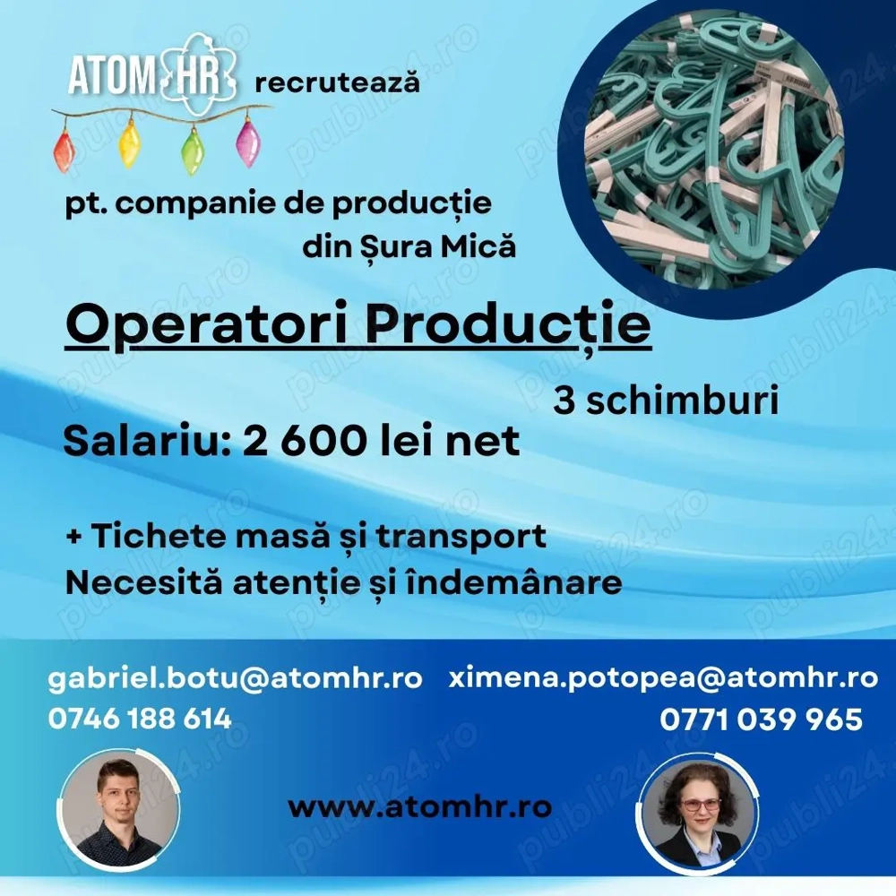 Atom HR angajează Operatori producție - companie Șura Mică!