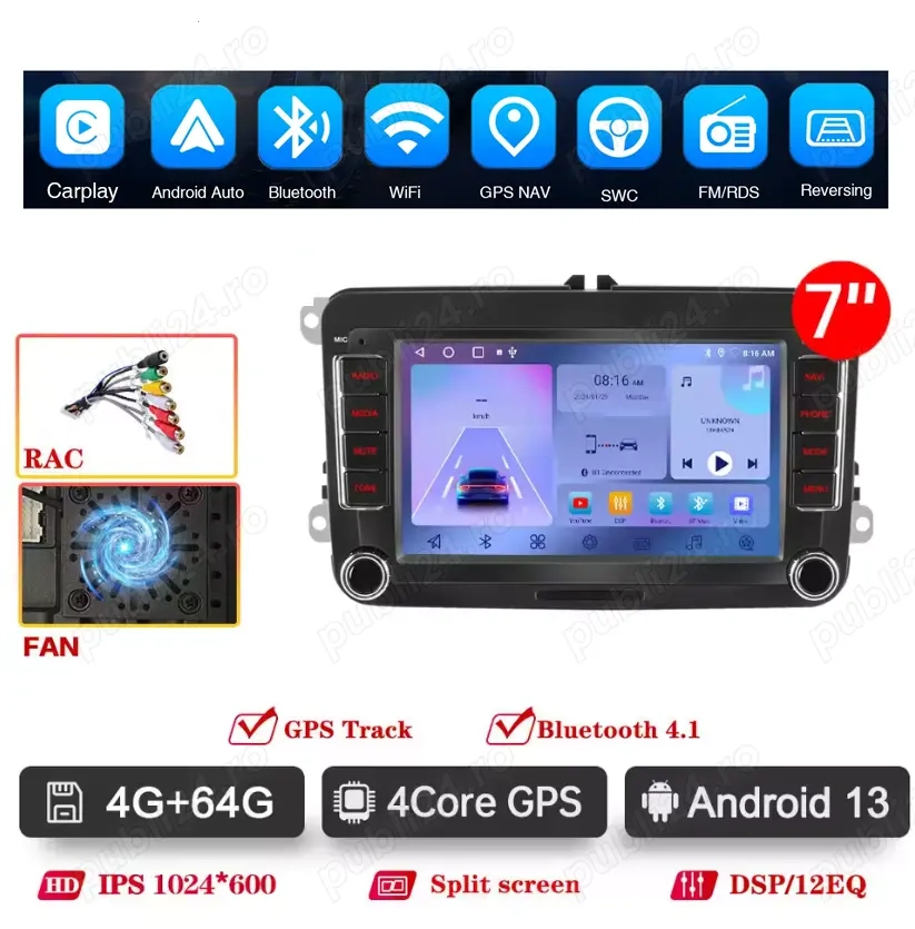 Navigatie Android 4GB RAM + 64GB VW GOLF 5 6 PASSAT B6 B7 CC Seat Leon Skoda Fabia