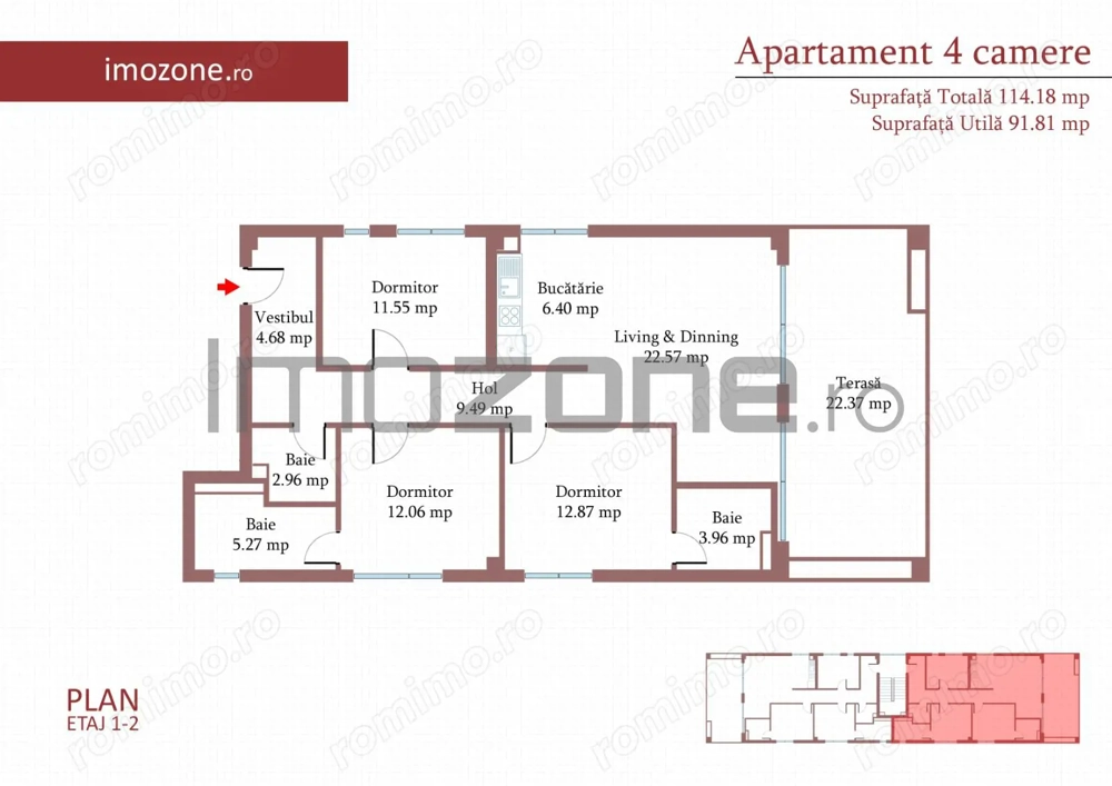 4 camere cu terasa de 22 mp, 3 bai, etaj 1/3, FINISAT MODERN,  COMISION 0%