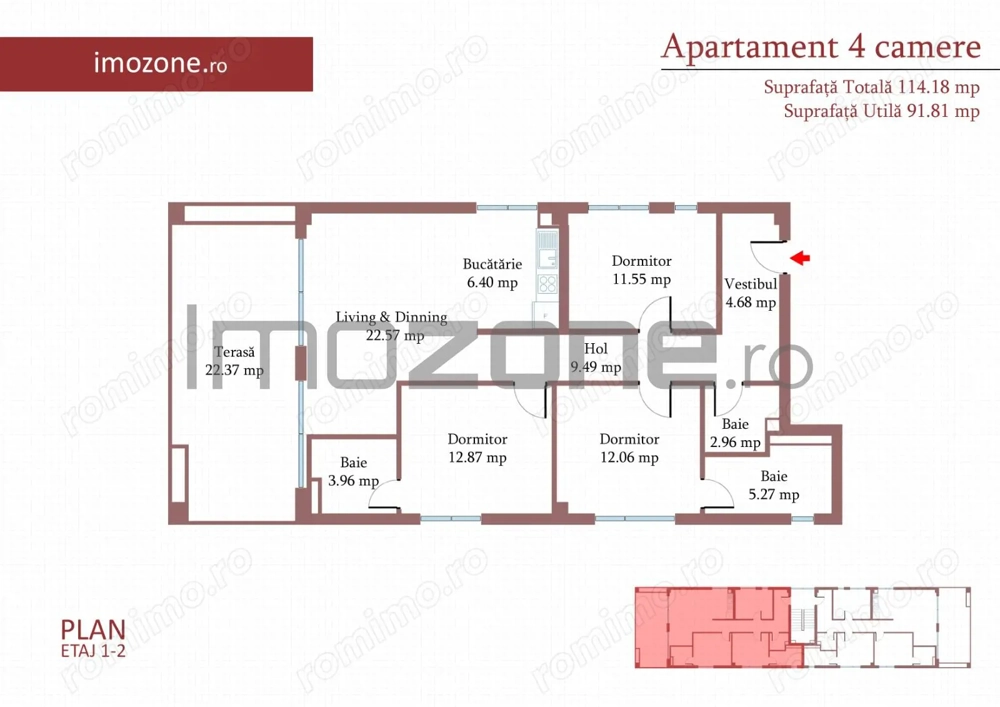4 CAMERE, 3 BAI,  METROU ,incalzire in PARDOSEALA, FERESTRE TRIPAN - COMISION 0%