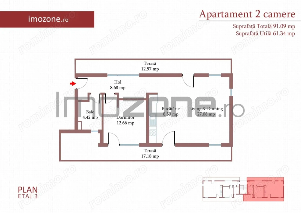 4 camere cu terasa de 22 mp, 3 bai, etaj 1/3, FINISAT MODERN,  COMISION 0%
