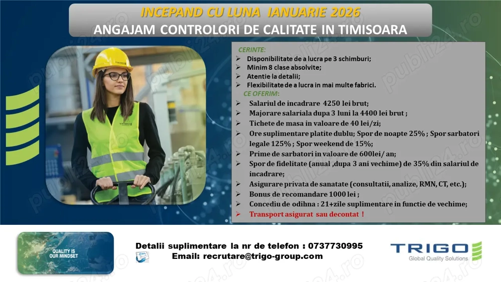 INCEPAND CU IANUARIE 2026 Angajam controlori de calitate in Timisoara