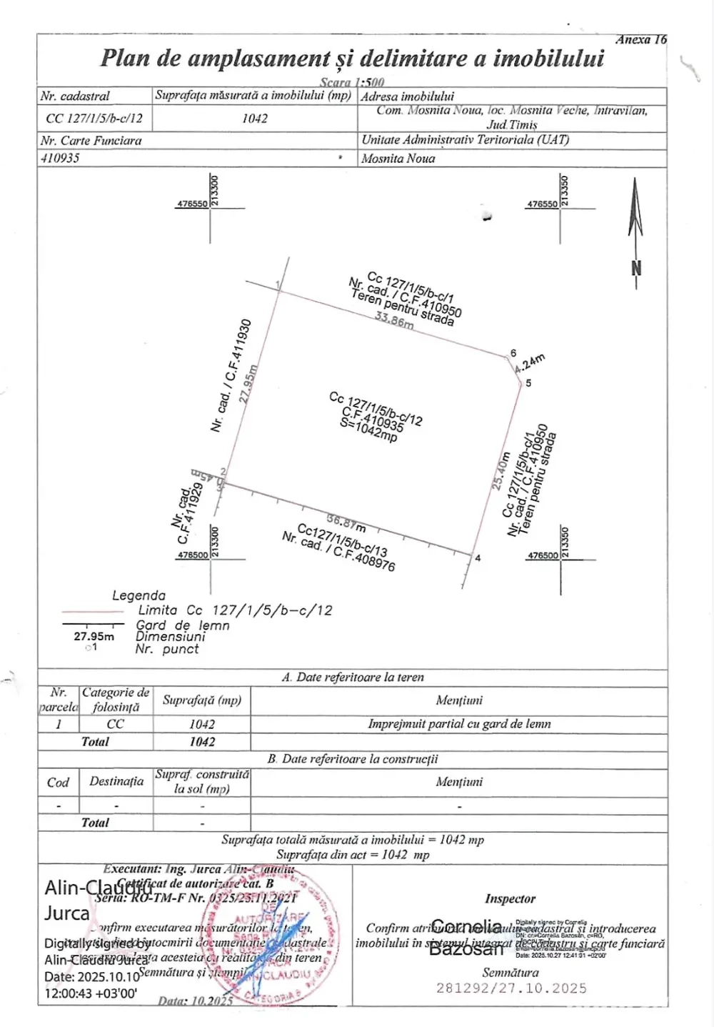  Teren Intravilan 2 fronturi 37x28 ( 1.042 m ),Mosnita Noua