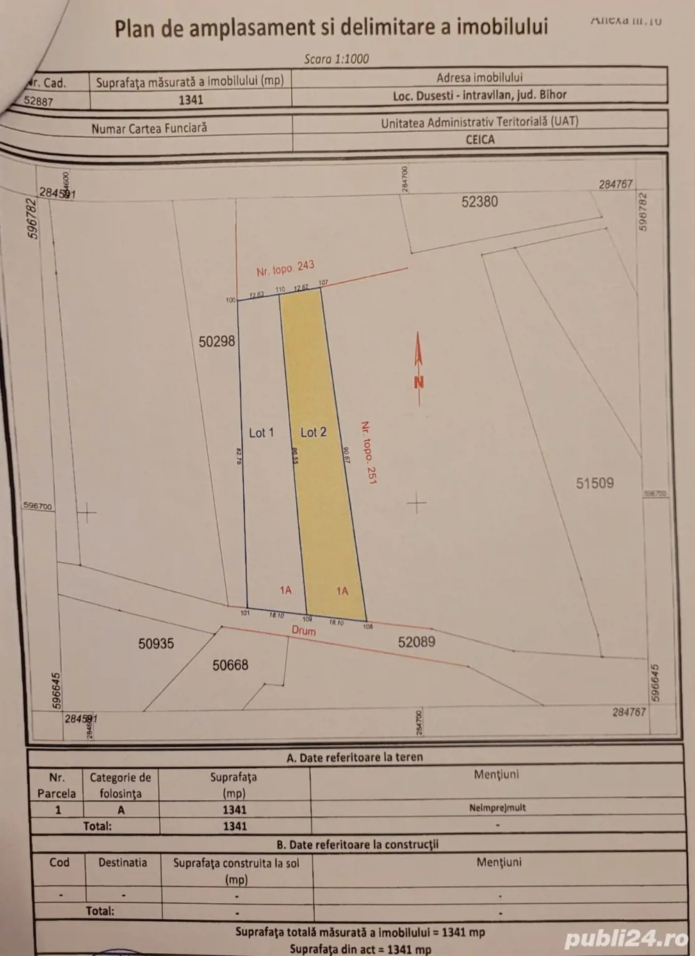 Vând teren intravilan în Dușești 1341mp