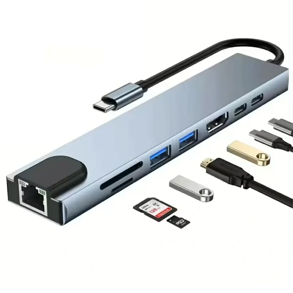 Hub USB-C 8 în 1 cu HDMI 4K, RJ45, USB 3.0 și Power Delivery pentru MacBook, Dell, Lenovo