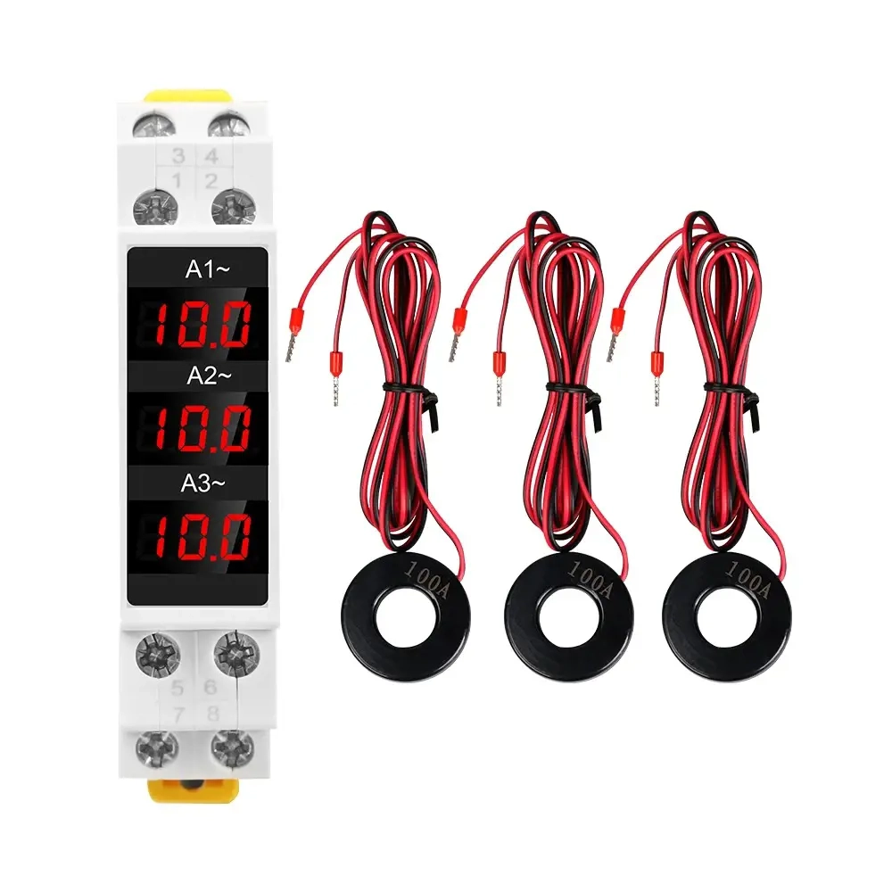 Ampermetru Digital Trifazat pentru Tablou Electric   Masurare Curent 1-100A, Montaj pe Sina DIN