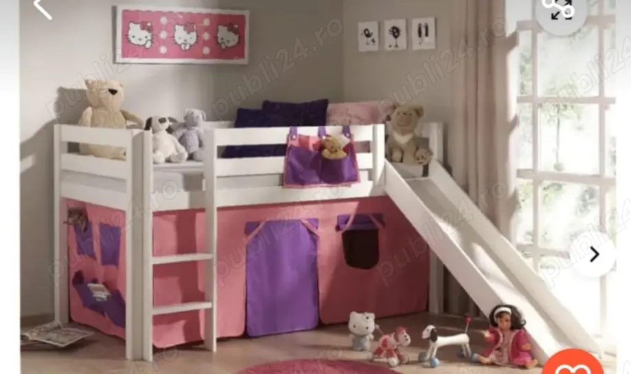 Pat supraetajat pentru copii cu tobogan si loc de joacă