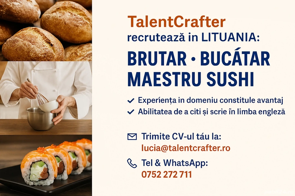 TalentCrafter recrutează în LITUANIA: Brutar   Bucătar   Maestru Sushi