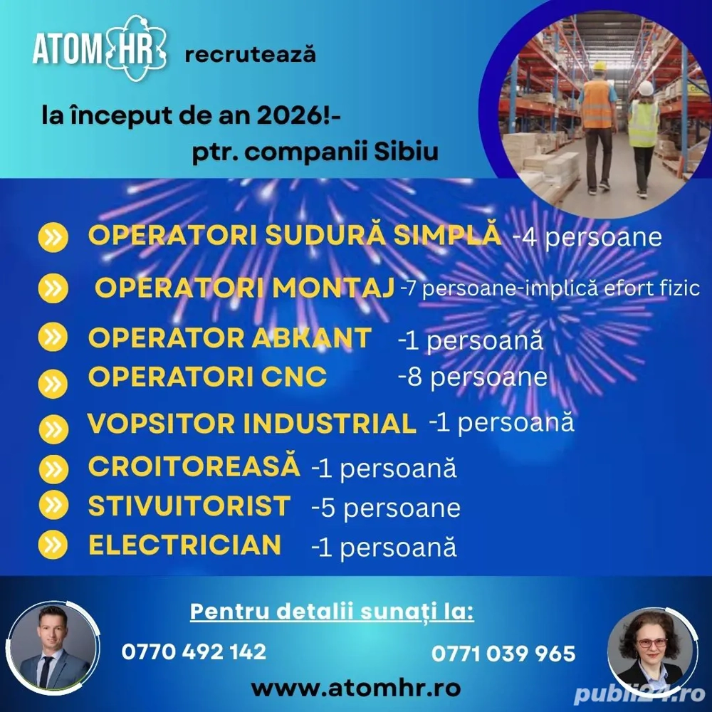 Atom HR angajează pentru compnii de producție din Sibiu.