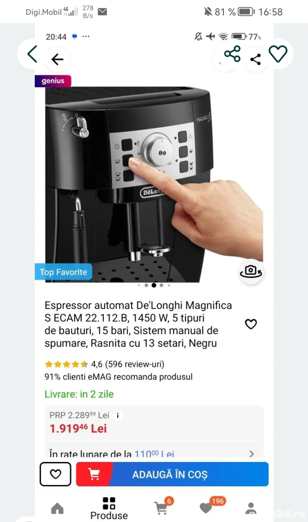 Vând aparat de cafea DeLonghi stare foarte buna folosit foarte puțin 