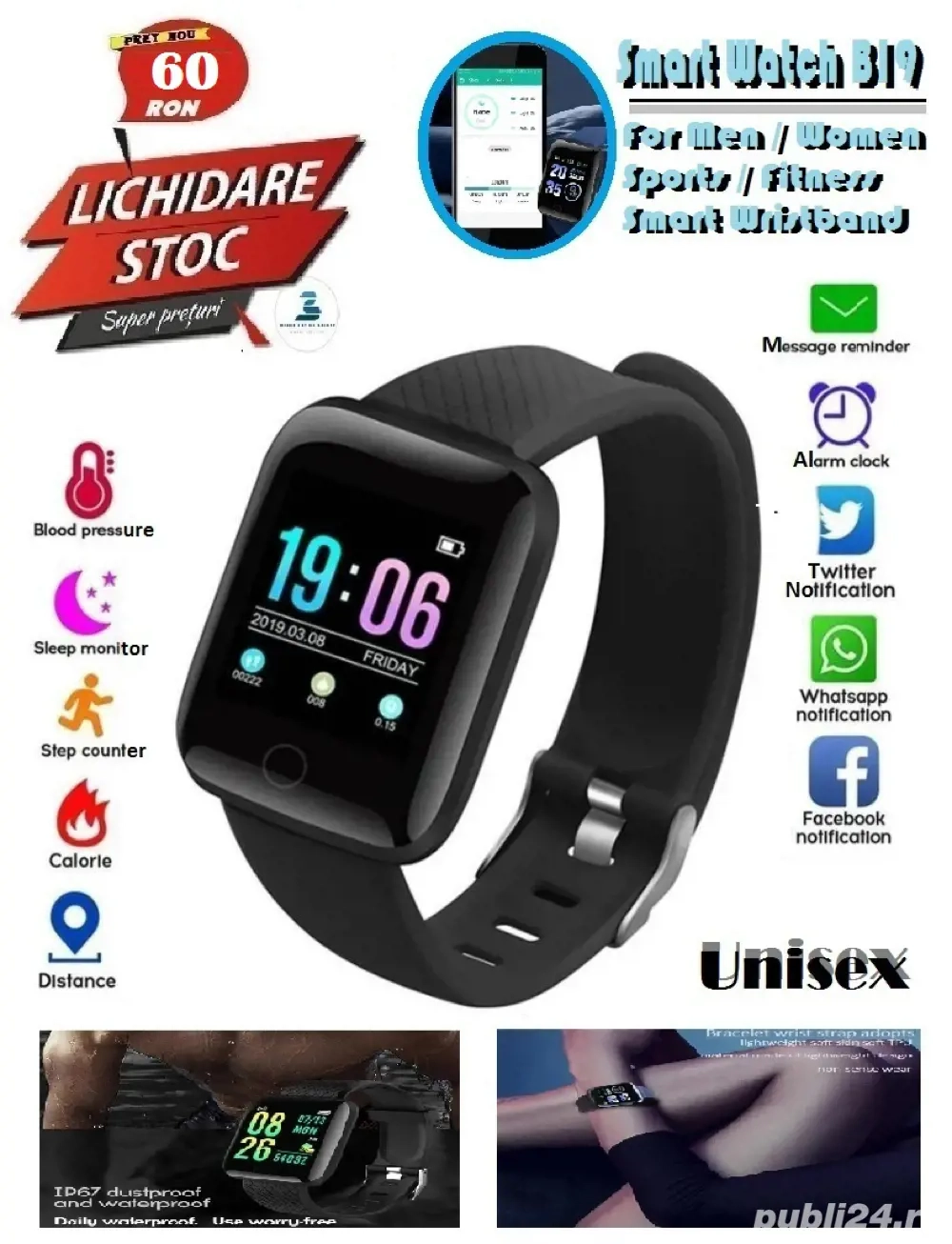 SmartWatch model B19 -Unisex   negru -functii tip bratara fitness -UK