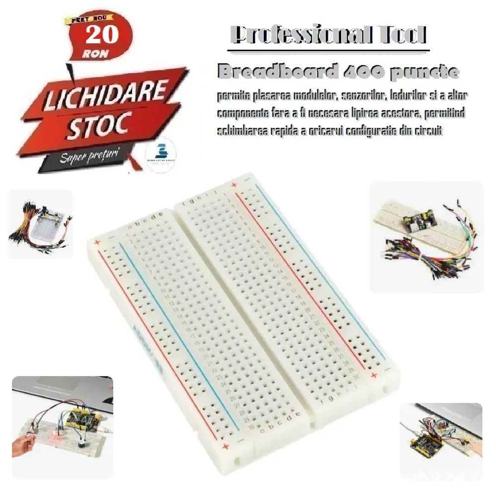 Breadboard cu 400 pini pentru componente electronice fara lipirea lor