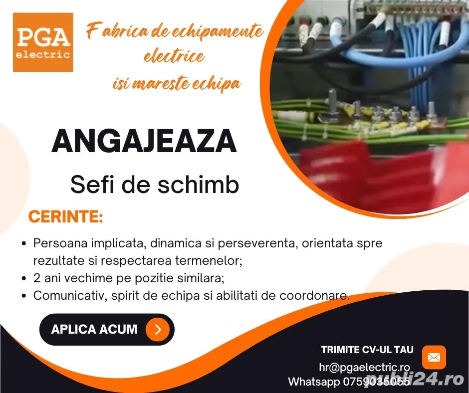 PGA Electric -Fabrica de Echipamente Electrice -angajeaza Sefi de schimb