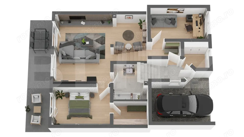 Apartament spatios cu gradina, 68mp, cu 3 camere, dressing, garaj 