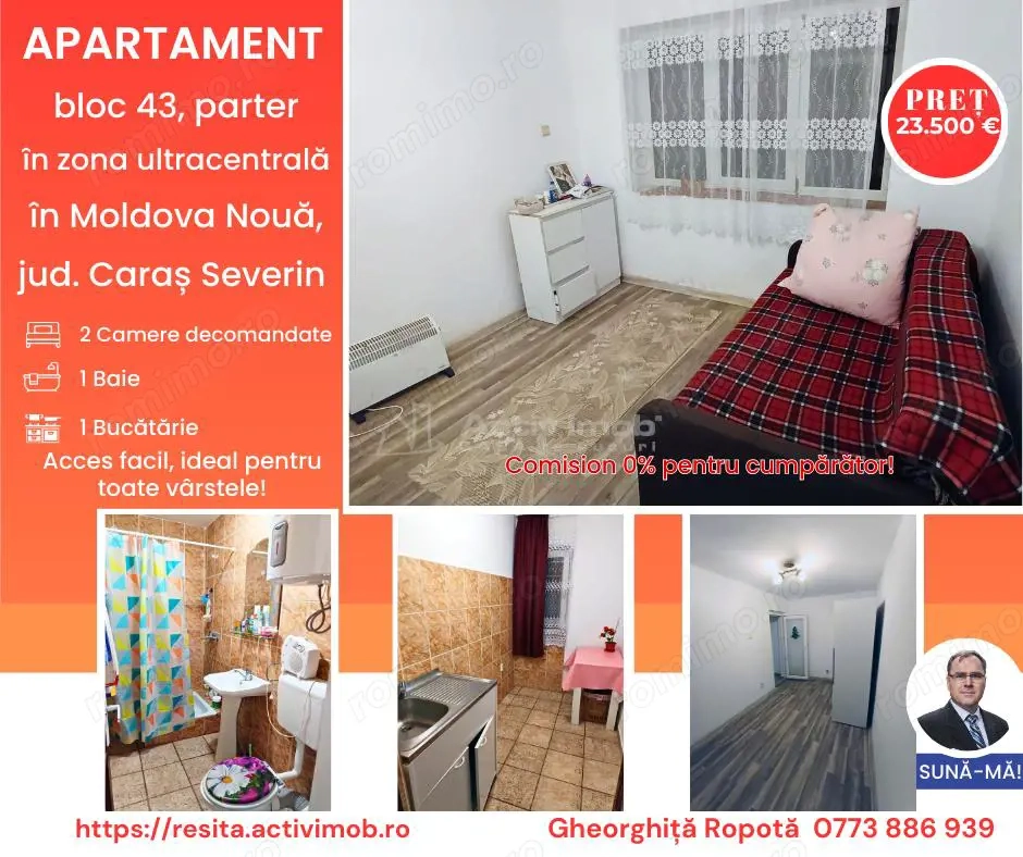 Apartament 2 camere ultracentral in Moldova Noua