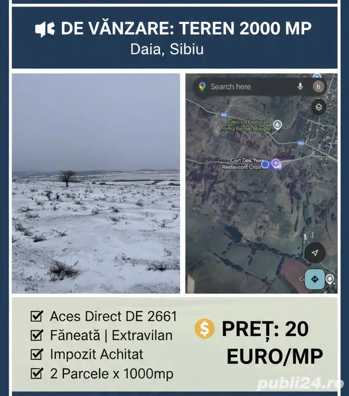 Teren 2000 mp în Daia   Acces Direct din Drum Public