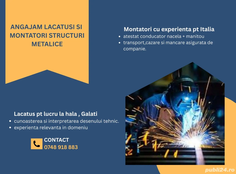 Angajam hala metalica lucru in Galati si montatori pt Italia