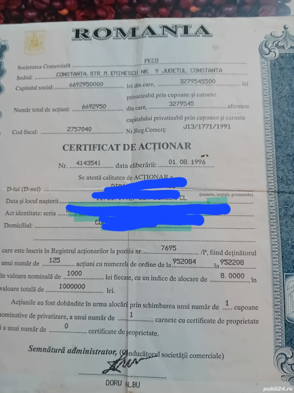 Vând certificat acționar 