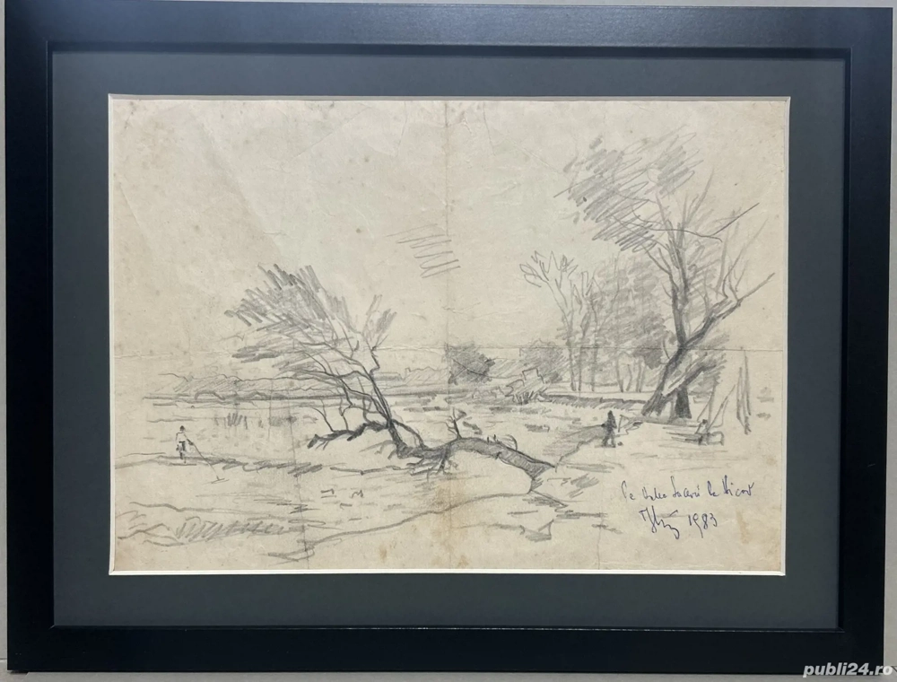 Toader Schipor 1983 - Tablou Peisaj pe Valea Sucevei la Vicov, grafica in creion înrămată 28x37cm