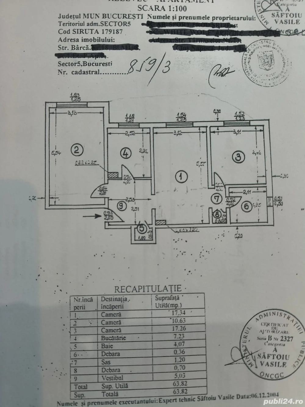 Vând apartament 3 cam decomandat sector 5 strada Bârcă