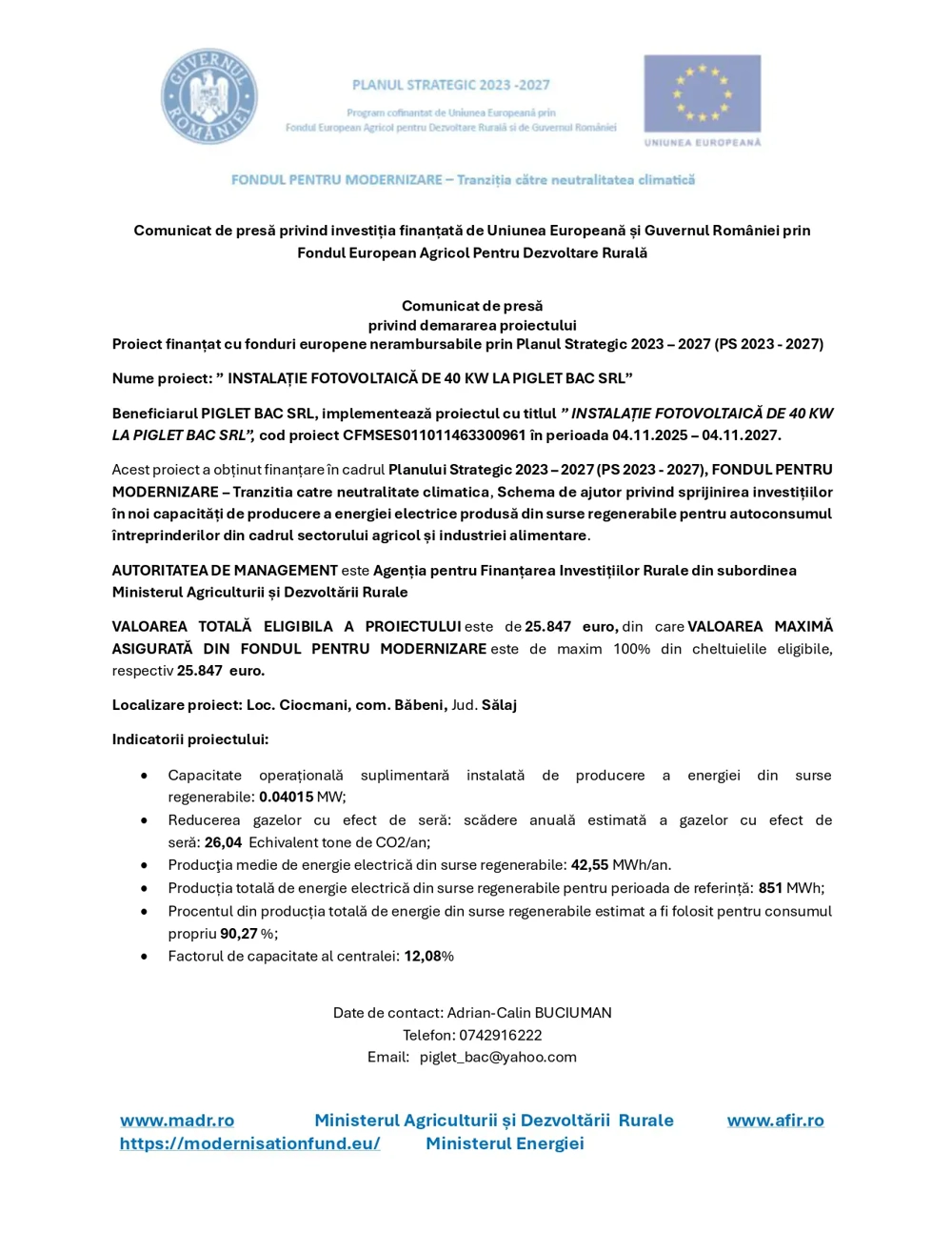 Comunicat de presă privind investiția finanțată de Uniunea Europeană și Guvernul României prin FEADR
