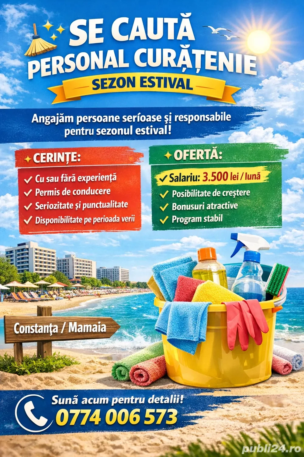 Se caută personal pentru curatenie pentru Sezon, oferim 3500 LEI Salariu - Posturi Limitate