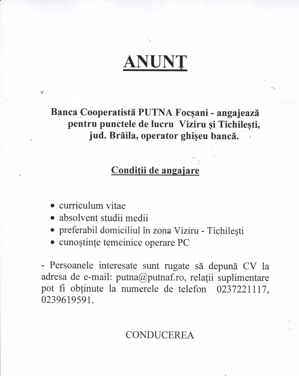 Operator ghiseu banca Viziru si Tichilesti