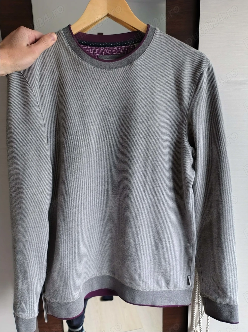Bluzon TED BAKER Grey Knitted Jumper - Mens Size 3 Medium Purple Trim