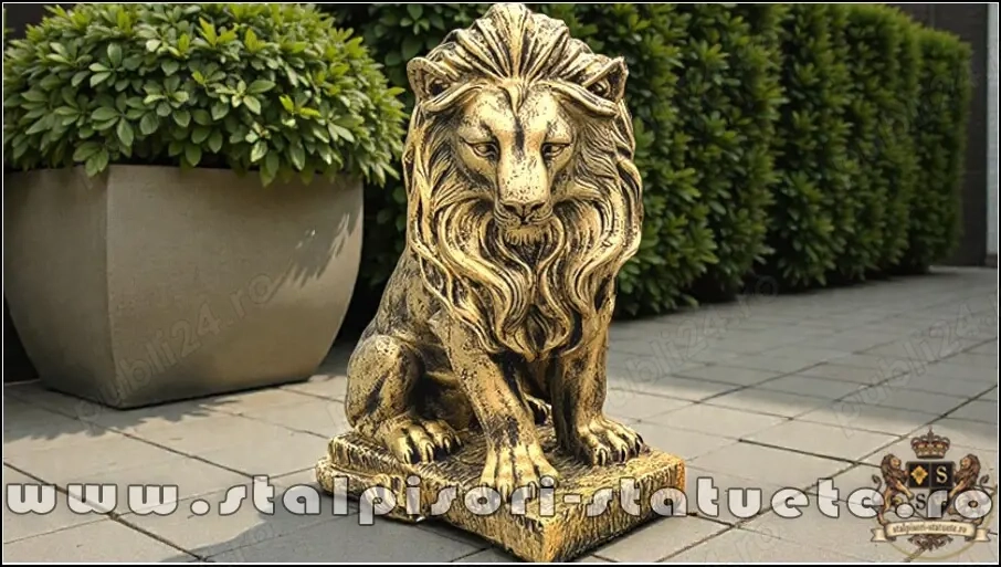Statuetă leu în șezut, auriu patinat, model S46.