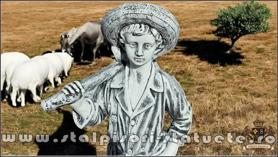 Statuetă ciobănaș cu cățel, din beton, model S73.