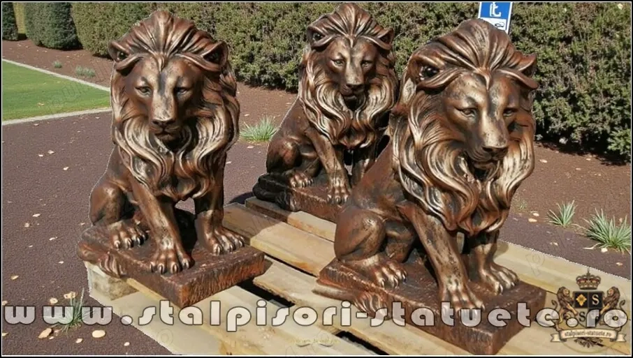 Statuetă leu în șezut, arămiu patinat, model S46.