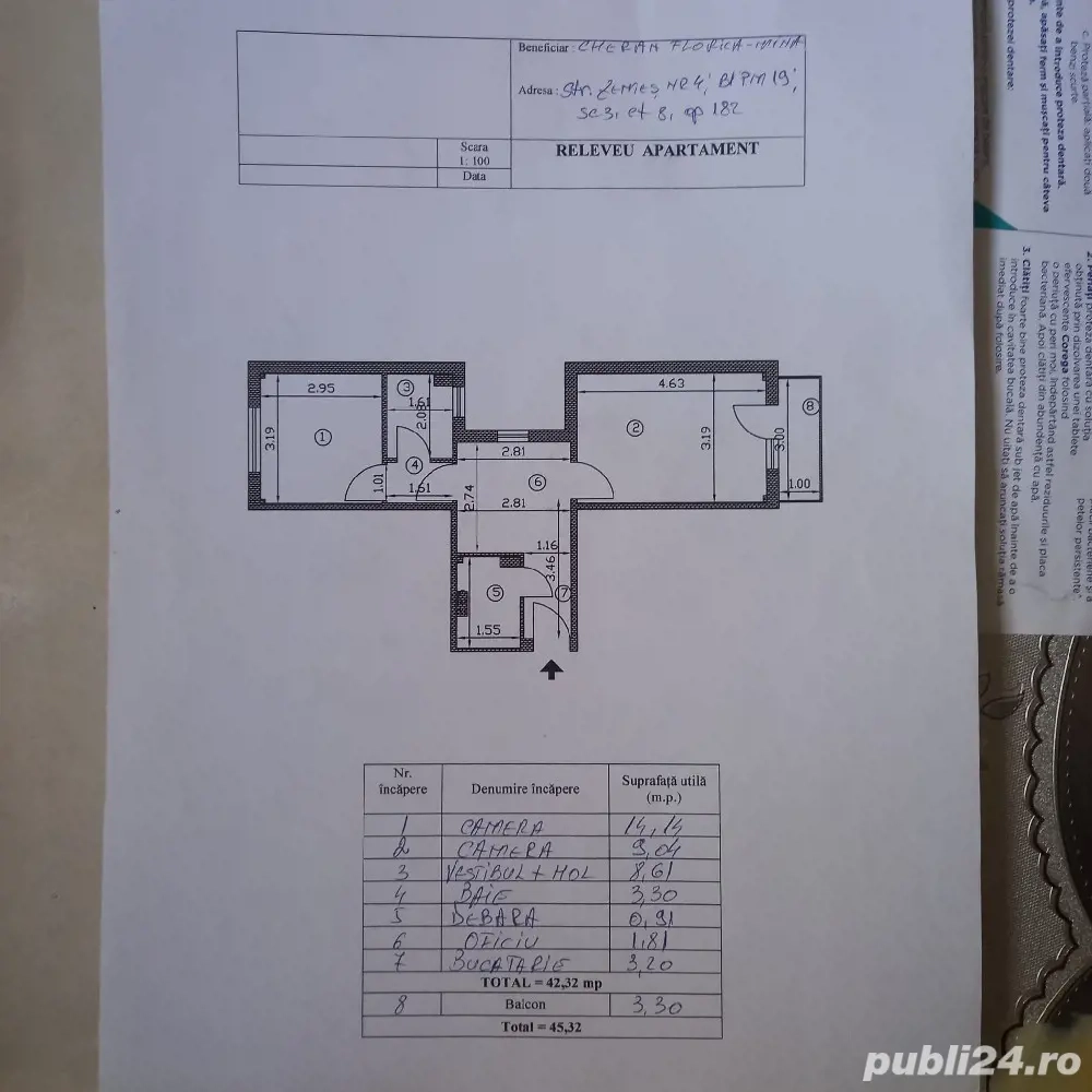 Vînd apartament 2  Zona 1Decembrie 1918camere