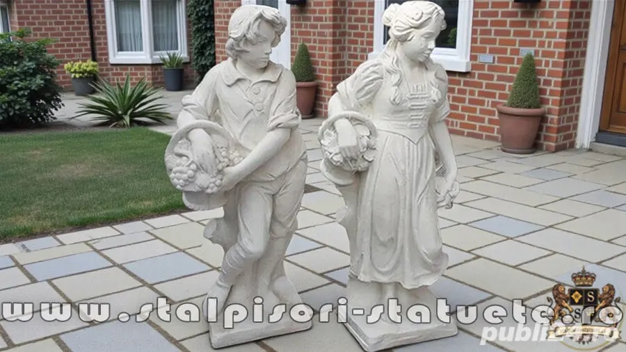 Set statuete băiat și fată, alb marmorat, model S43.