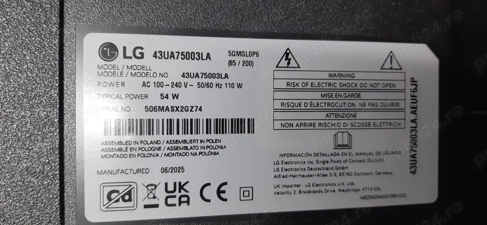 tv Lg 43UA75003LA TPD.RT2875T.PC731 Display fisurat