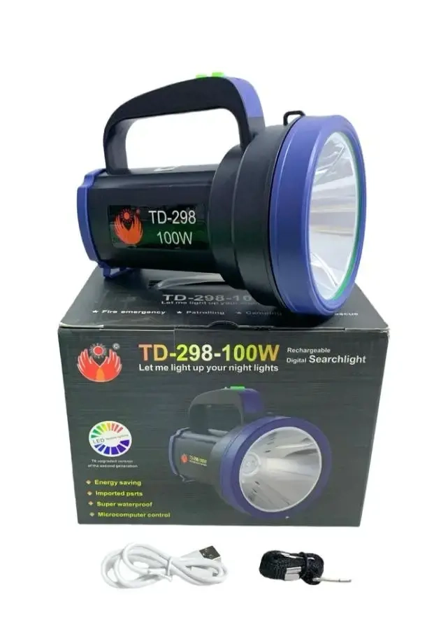 Lanternă LED TD-298 100W cu Acumulator Li-Po   3 Faze de Lumină, Puternică și Fiabilă