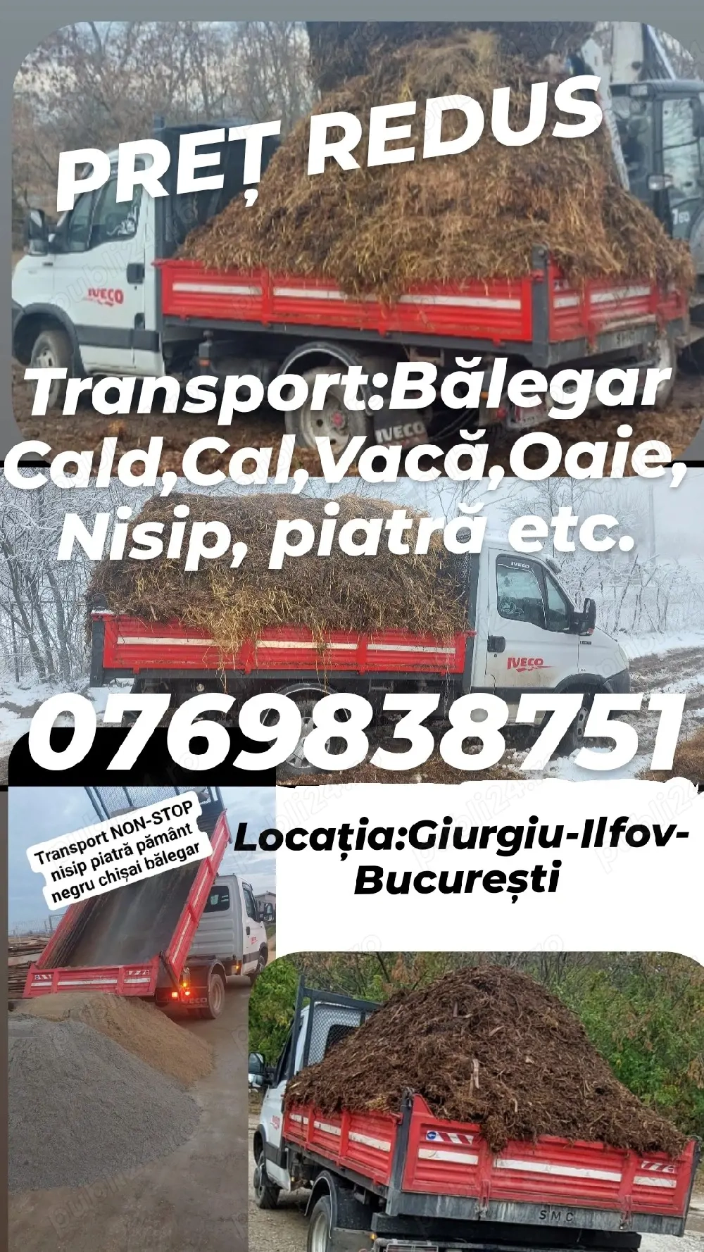 Transport NON-STOP nisip piatră pământ negru chișai bălegar cal vacă 