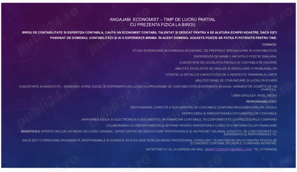 Angajam economist, timp partial de lucru