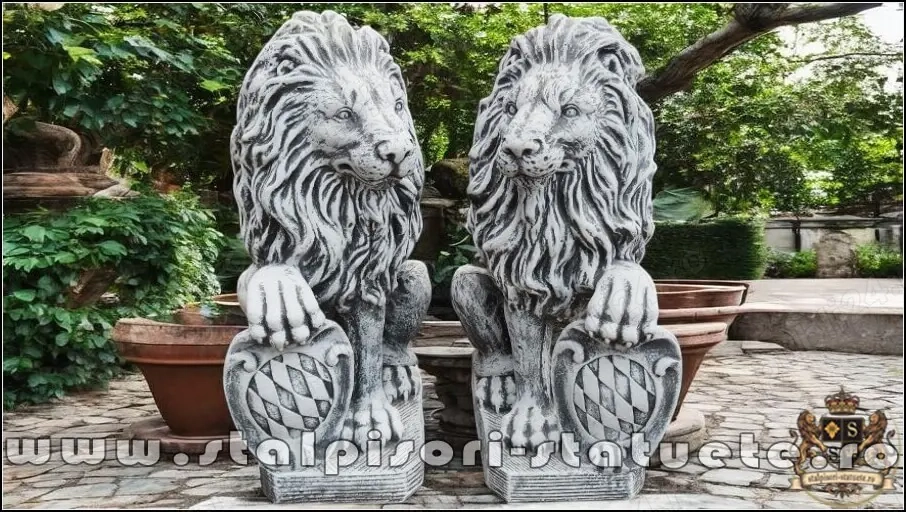 Statuetă leu cu blazon, gri patinat, model S2.