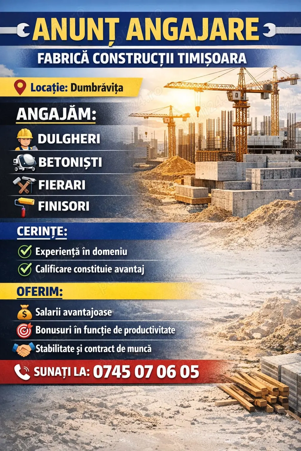 Angajam in FABRICA constructii Timisoara