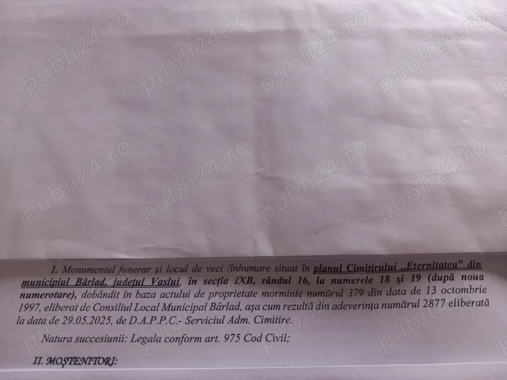  Vind  loc de veci in cimitirul Eternitatea din Birlad.